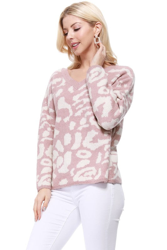 Leopard Pattern Jacquard Sweater Pull Over Top