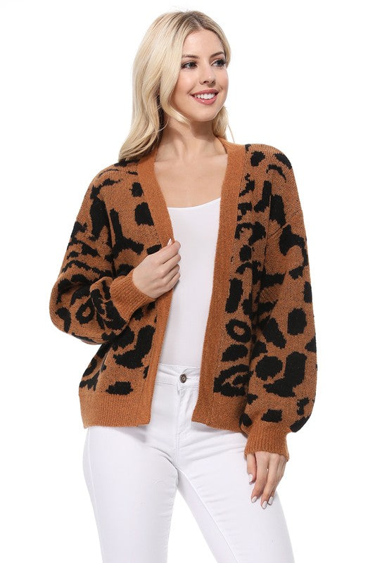 Leopard Jacquard Open Front Shrug Cardigan