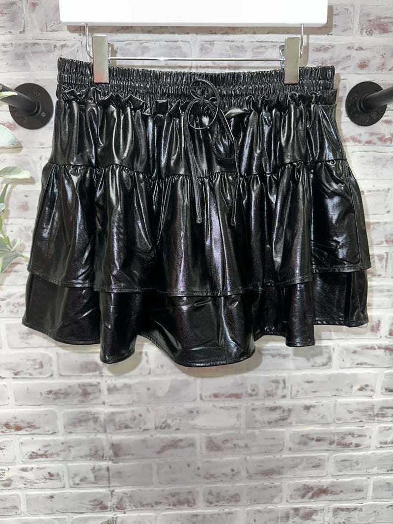 Leather Ruffles Skort (Black)