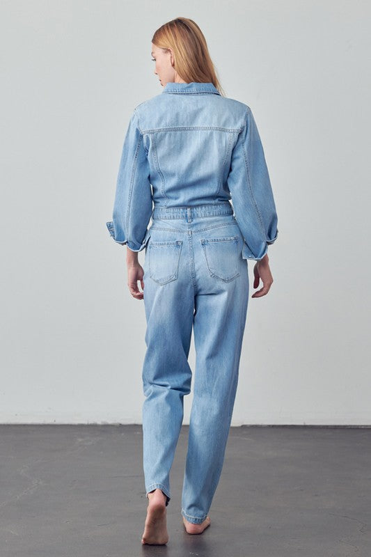 High Waist Flap Pocket Half Button Denim Jumpsuit