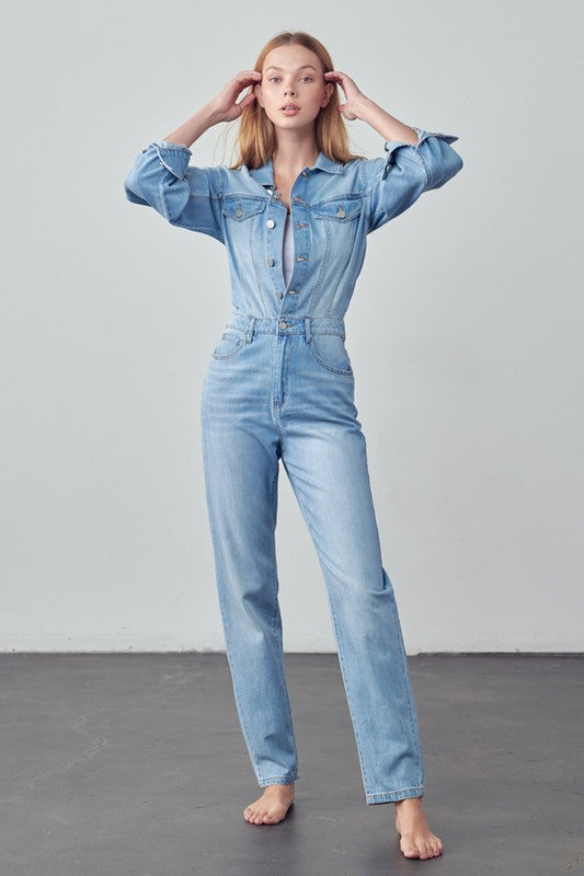 High Waist Flap Pocket Half Button Denim Jumpsuit