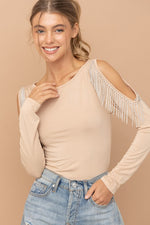 Cold Shoulder Rhinestone Fringe Bodysuit