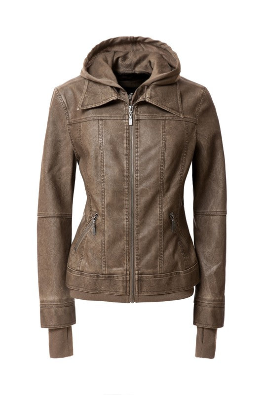 Women's Hood PU Leather Jacket