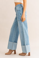 High-Waisted Wide Leg Cuffed Jeans