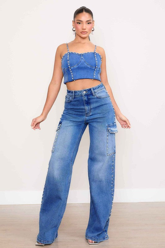 Pearl High-Rise Wide Leg Cargo Jeans