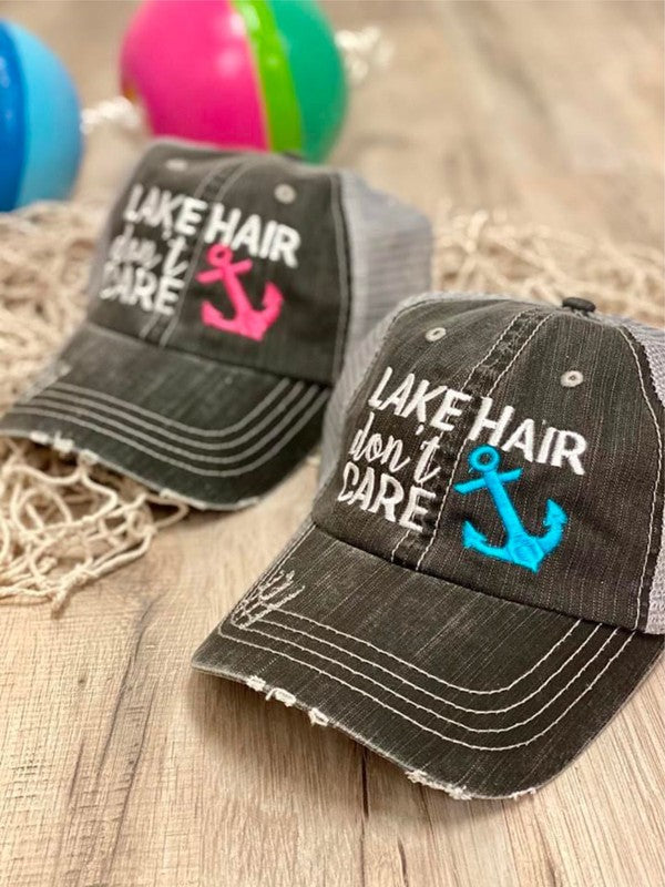 Lake Hair Don't Care Blue Anchor Trucker Hat