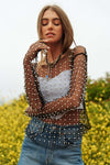 Bead and Pearl Embellished Long Sleeves Mesh Top